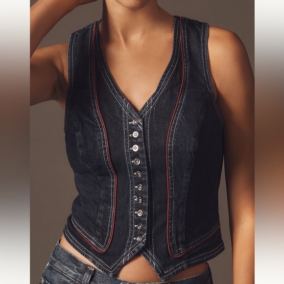 Anthropologie Pilcro Contrast Denim Vest Top with Red Accents SIZE SMALL NEW - Picture 4 of 8